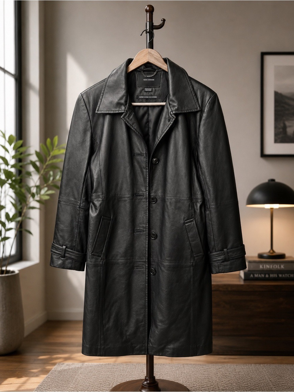 🖤 Isaac Mizrahi Women Genuine Leather Long Coat • Large • Front Button Closure - Picture 2 of 8